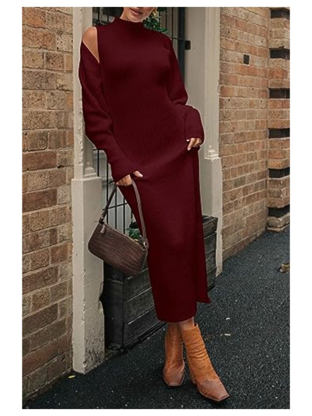 Rib Knit 2 Piece Maxi Tank Dress & Cropped Cardigan Set, Mock Neck Bodycon - Picture 4 of 6